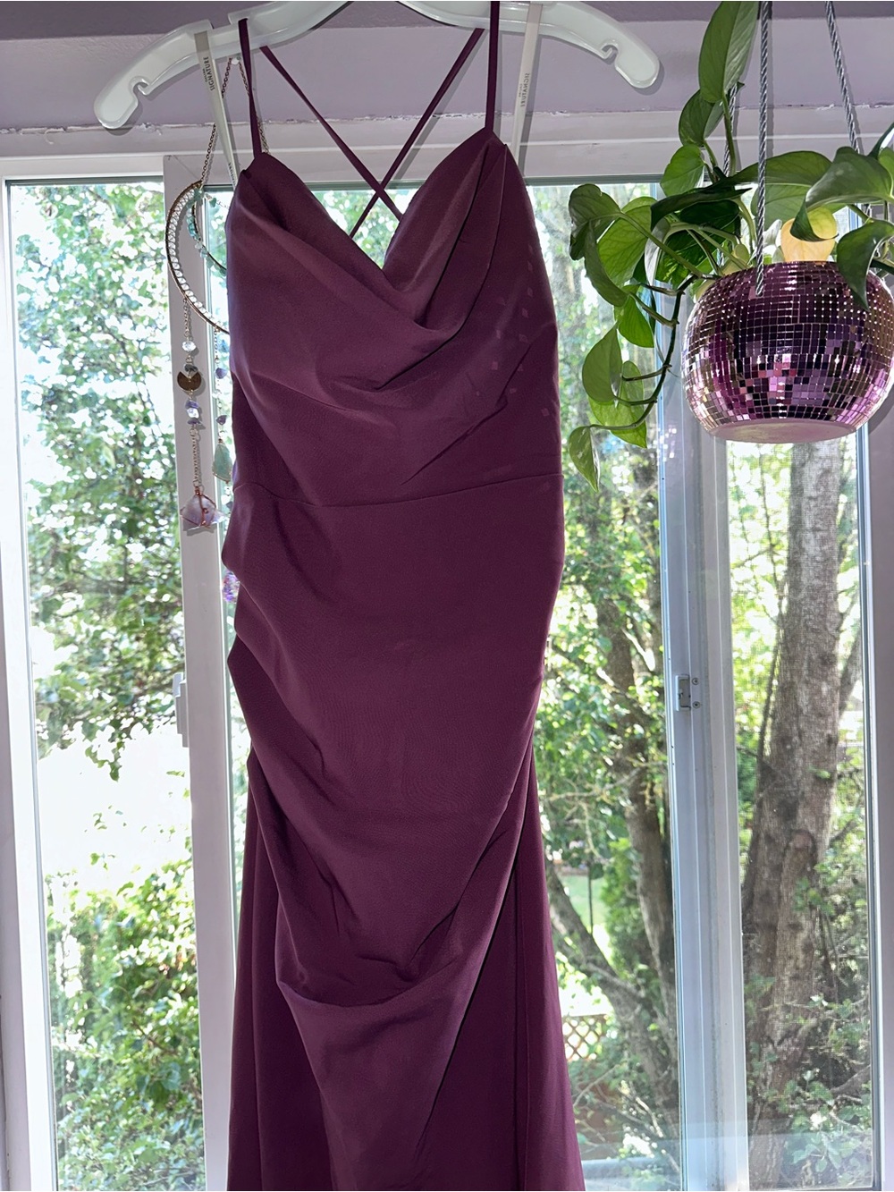 Signature Plum Cowl-Neck Spaghetti-Strap Prom Dress